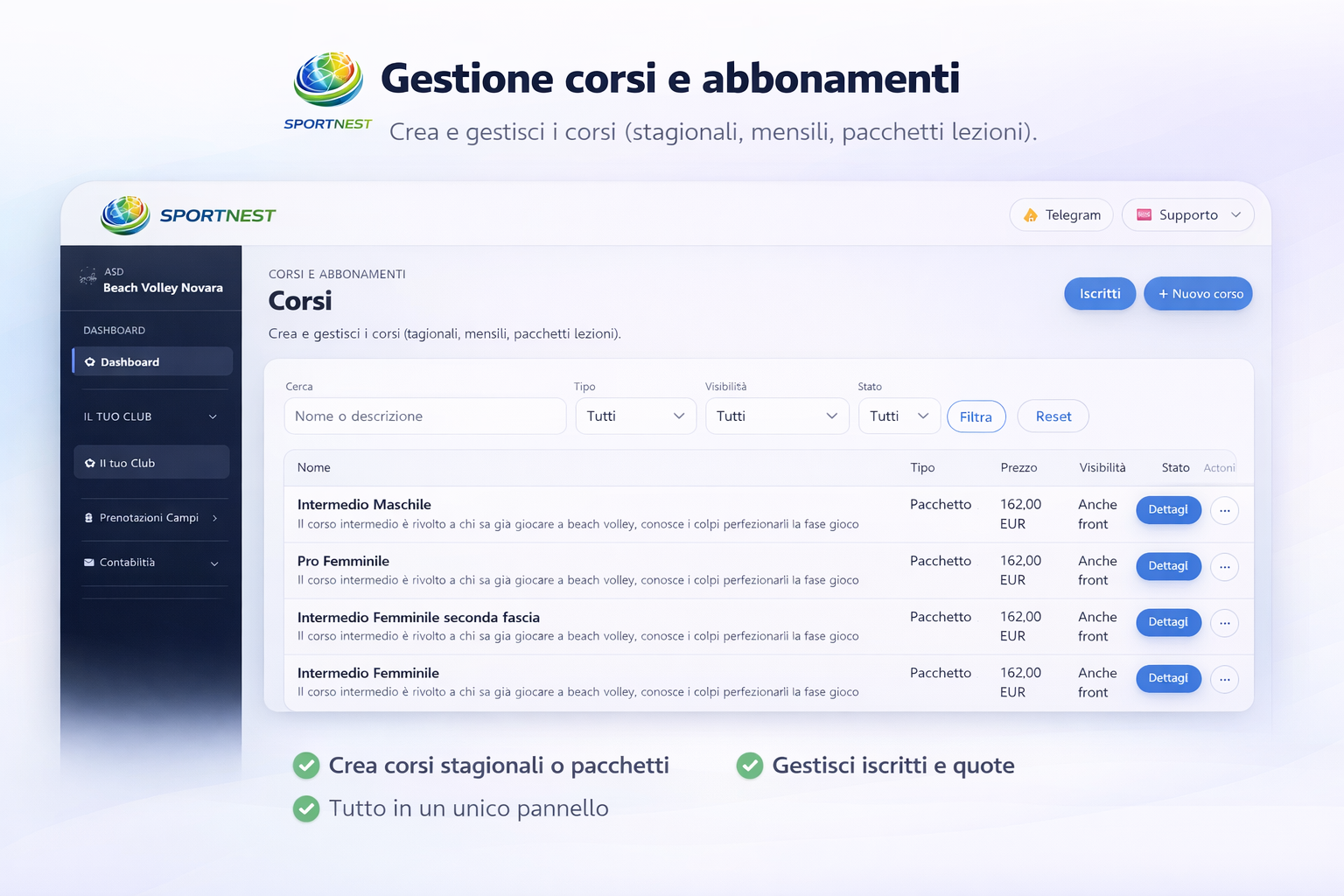 Gestione corsi Sportnest
