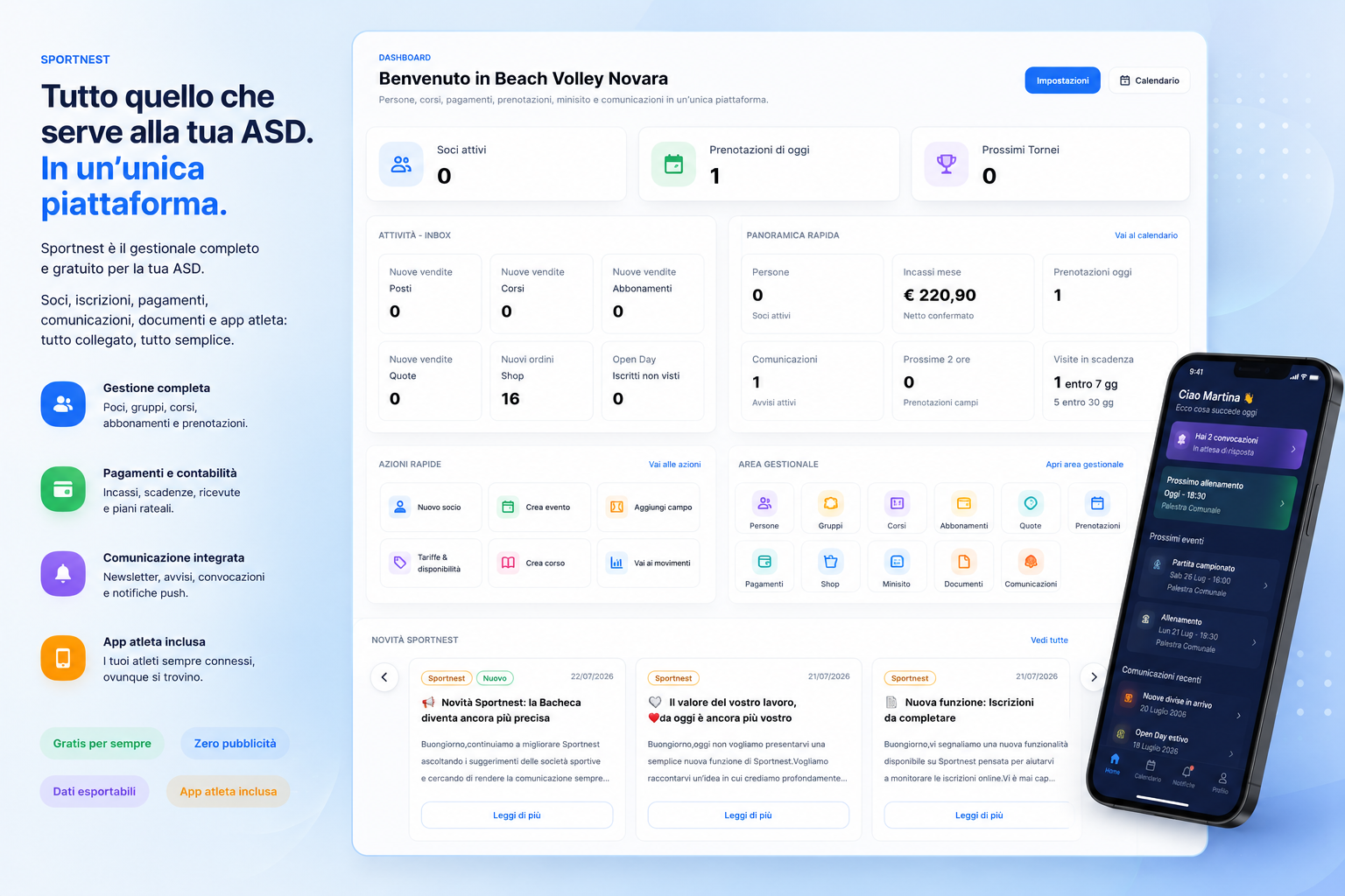Anteprima dashboard Sportnest e app atleta